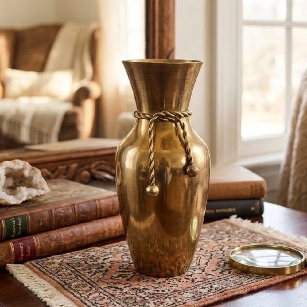 Vintage Brass Vase Rope Tie Tassel Detail Gold Metal MCM Boho Shelf Decor 7in